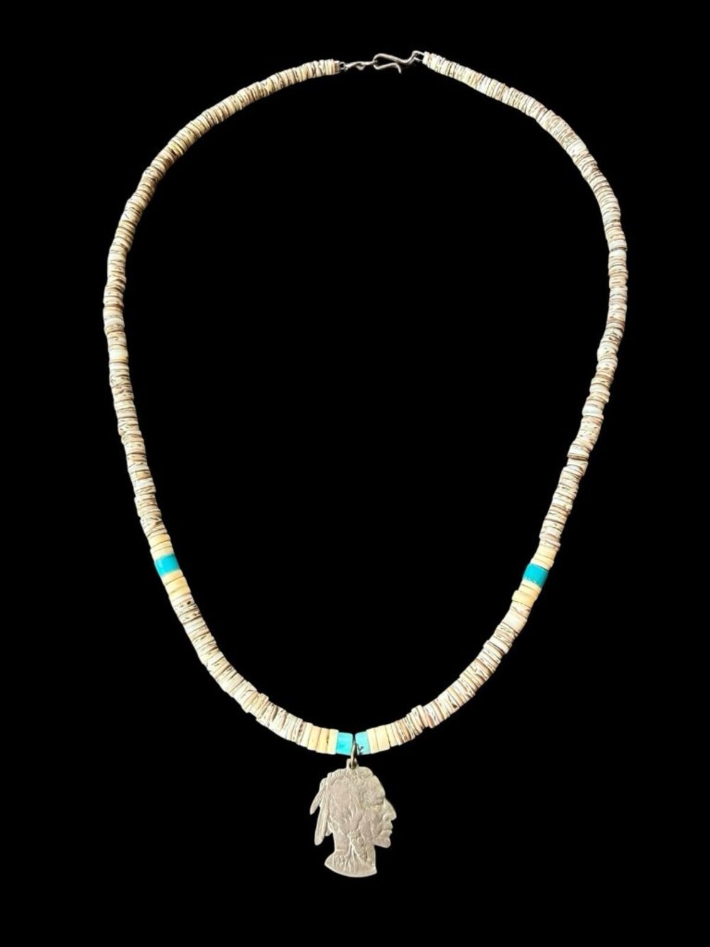 Vintage Indian Head Coin Pendant Necklace Turquoise Heishi Shell Bead Southwest